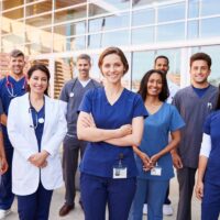 Team of healthcare workers with ID badges outside hospital