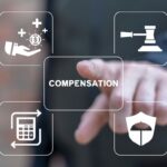 Businessperson pointing at a virtual "COMPENSATION" button with icons related to finance and law.